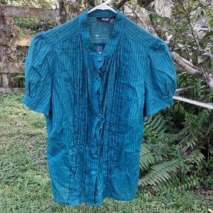 a.n.a Teal Pleated Button-Down Shirt